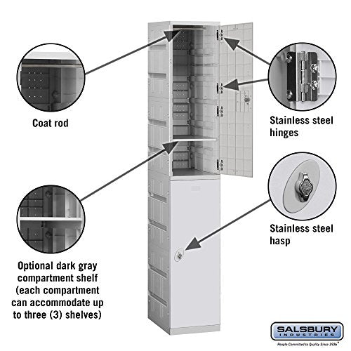 Salsbury Industries 92168GY-U Double Tier 12.75-Inch Wide 738.25-Inch High 18-Inch Deep Unassembled Plastic Locker, Gray