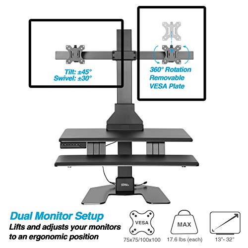 AVLT Dual 32" Monitor Electric Standing Desk with Huge Keyboard Tray Extra Large 28"x 16" Spacious Tabletop Motorized Automatic Height Adjustable Sit to Stand Table Sturdy Small Footprint