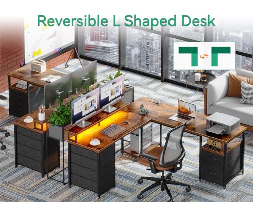 AODK 66" L Shaped Computer Desk with File Cabinet, Drawers, LED Lights, and Power Outlet