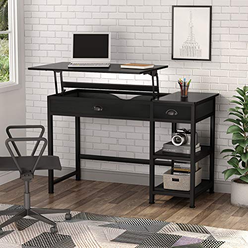 Tribesigns Modern Lift Top Computer Desk with Drawers, 47 inch Writing Desk Study Table Workstation with Storage Shelves, Height Adjustable Standing Desk for Home Office, Small Spaces(Black)