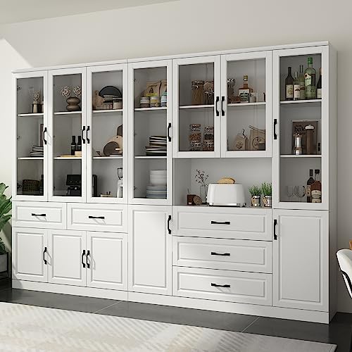 Hitow White Tall Bookshelf with Glass Doors & Drawers, 2-Piece Large Storage Cabinet Set