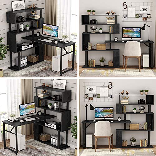 Tribesigns Rotating Computer Desk with 5 Shelves Bookshelf, Modern L-Shaped Corner Desk with Storage, Reversible Office Desk Study Table Writing Desk on Wheels for Home Office (Black)