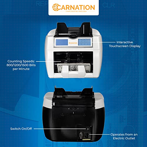 Carnation CR2 Money Counter with Counterfeit Bill Detection - Touchscreen - Scan Bills Using Ultraviolet, Magnetic Ink, IR Technology - Multi-Currency Checker, Counts Up to 1500 Bills per Minute
