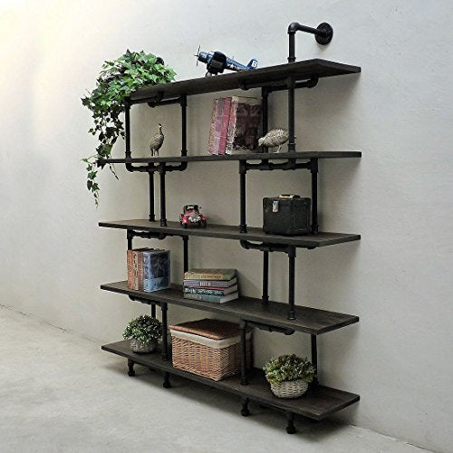 Eugene Modern Industrial 71-Inch Tall x 64-Inch Wide Large Storage 5-Shelf Pipe Bookcase Etagere Metal And Reclaimed Aged Finish With Sustainable Solid Wood (Dark Brown Stained wood)
