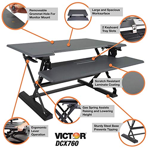 Victor DCX760 High Rise Collection Height Adjustable Standing Desk with Removable Keyboard Tray | Gray | 36" Wide Standing Desk | Professional or Home Use | Compatible with Most Monitor Arms