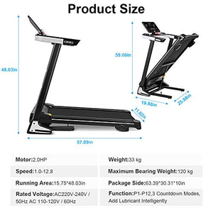 ONETWOFIT Folding Electric Treadmill, 2.0HP Motor, 1km/h - 12.8km/h, Automatically add lubricating Oil, Soft Drop System, Running Surface 48x16 inch, Ideal for Home/Office