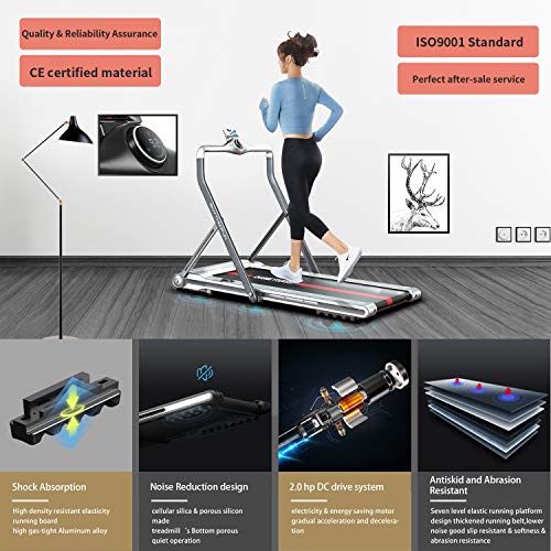 RHYTHM FUN Treadmill Folding Treadmill Under Desk Walking Treadmill with Foldable Handtrail Wide Tread Belt Super Slim Mini Quiet Home Treadmill with Smart Remote Control and Workout App (Silver)