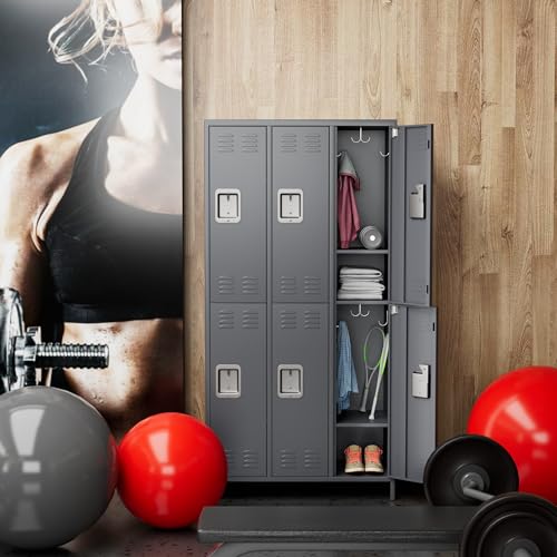 SPKAPO 72" Tall 6-Door Metal Locker with Pothook, Tier Design - Dark Gray