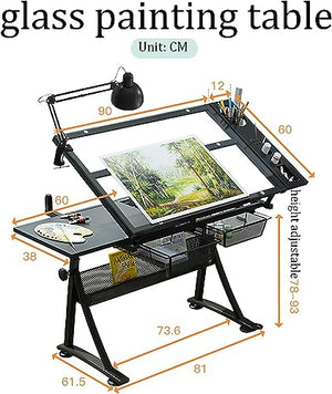 CNAOHGHN Glass Drafting Desk with Adjustable Height, 2 Storage Drawers, and Stool