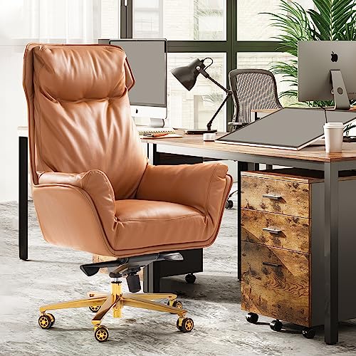 Kinnls Austin Genuine Leather Executive Office Chair with Reclining High Back and Tilt Angle (Khaki-Golden Base)