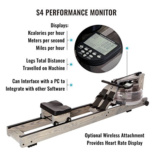 Water Rower Rowing Machine Driftwood with Patented Water Flywheel, S4 Monitor, and Adjustable Resistance Levels