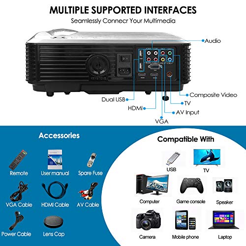EUG LCD HD Video Projector - Wxga 4500 Lumen Support Full HD 1080P Red/Blue 3D MHL Compatible, LED Home Theater Cinema Projectors Built-in Speakers for Backyard Football Outdoor Movie Gaming Consoles
