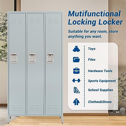 Fesbos 72" Metal Locker for Employees - 3 Door Gray Steel Storage Cabinet