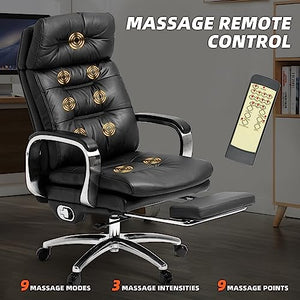 Kinnls Vane Massage Office Chair with Footrest - Executive Genuine Leather Desk Task Chair - 500lbs (Black)