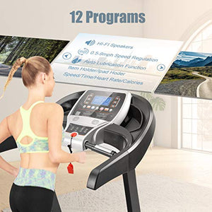 Caroma Folding Treadmill for Home with Incline, 3.0 HP Electric Treadmill 300 lb Capacity, 9 MPH Running Machine with Shock Absorber, Bluetooth Speaker & LCD & Pulse Monitor, APP Control, 12 Programs