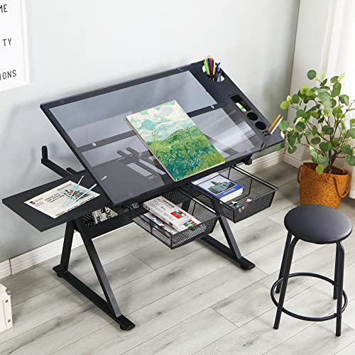LIFE SKY Adjustable Glass Drafting Table - Tempered Glass Artists Drawing Table with Storage