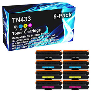 8 Pack (2BK+2C+2Y+2M) Compatible High Yield Toner Cartridge Replacement for Brother TN-433 | TN433 use for Brother L8260CDW L8360CDW L8360CDWT L8610CDW L8690CDW L8900CDW L8410CDW Series Printer
