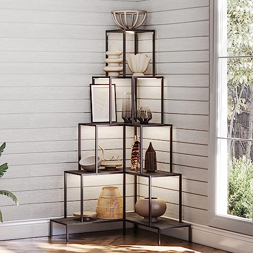 BELLEZE 5-Tier Corner Bookshelf with RGB Light, Remote Control - 66" Tall L-Shaped Bookcase - Gray