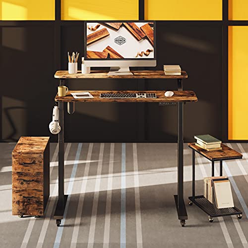 IRONCK Standing Desk, Electric Adjustable Height Desk, Home Office Desks with Shelve, 2-Tier Sit Stand Desk with Wheels, 4 Programmable Preset Controller, Rustic Brown