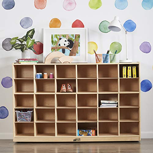 ECR4Kids Birch 30 Cubby Tray Cabinet, Kids Toy Storage Organizer with Rolling Casters, Hardwood Mobile Storage Cabinet for Classroom, Preschool and Homeschool Supplies