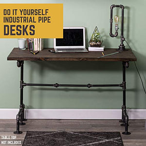 Industrial Pipe Desk Leg Set by Pipe Decor, Modern Home Office Table Writing or Computer Base Kit, Dark Grey Black Rough Pipes, Rustic Vintage Furniture Unfinished Steel Metal Pipe Legs, M-Desk Style