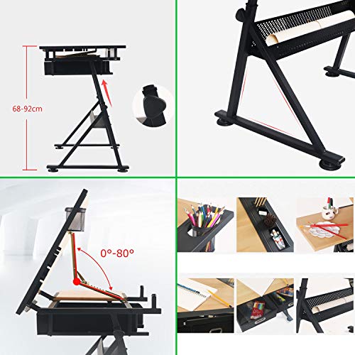 Lgan Height Adjustable Drawing Desk, Tiltable Craft Table with Storage, Maple Panel Art Desk, for Home Office Drafting Table
