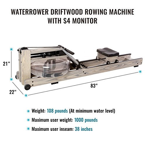 Water Rower Rowing Machine Driftwood with Patented Water Flywheel, S4 Monitor, and Adjustable Resistance Levels