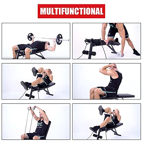 LHK 5-in-1 Adjustable Weight Bench, Foldable Full Body Workout Benches, Weights Lifting Strength Training Equipment with Elastic Ropes, for Home Gym