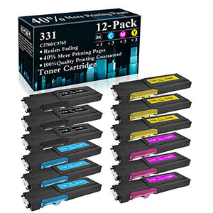 12-Pack (3BK+3C+3M+3Y) 331-8425 8427 8428 8426 Compatible Toner Cartridge Replacement for Dell C3760dn C3760n C3765dnf Printer,Sold by TopInk