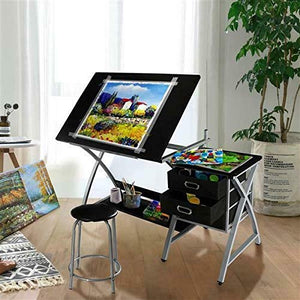 LCSA Drafting Table Drawing Table Adjustable Art Craft Desk w/Storage Drawers&Stool