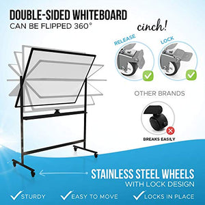 Large Black Mobile Rolling Whiteboard on Wheels: Stain Resistant Technology - 48x36 - Includes Big Flipchart Pad and Other Accessories - Portable Double Sided Dry Erase Magnetic White Board with Stand