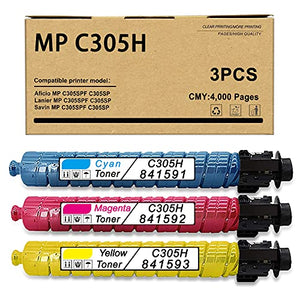 3 Pack (1C+1M+1Y) 841591 841592 841593 Compatible MP C305H Toner Cartridge Replacement for Ricoh Aficio MP C305SPF C305SP Lanier MP C305SPF C305SP Savin MP C305SPF Printer Toner Cartridge.
