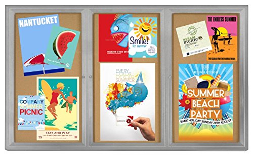 72 x 48 Inch Three-Door Enclosed Bulletin Board for Indoor Use, 6 x 4 Foot Cork Tack Board with Z-bar Wall-mounting Bracket, Silver Aluminum Frame