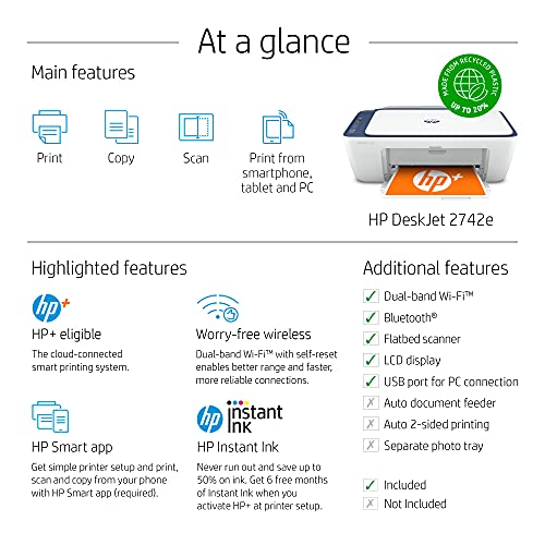 HP DeskJet 2742 Series All-in-One Color Inkjet Printer I Print Copy Scan I Wireless USB Connectivity I Mobile Printing I Up to 4800 x 1200 DPI Up to 7 ISO PPM I Blue Steel + Printer Cable