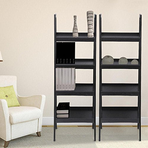 Topeakmart 4 Shelf Floor Standing Leaning/Corner Ladder Shelf Black Wood Bookcase/Bookshelf with Metal Legs/Frame