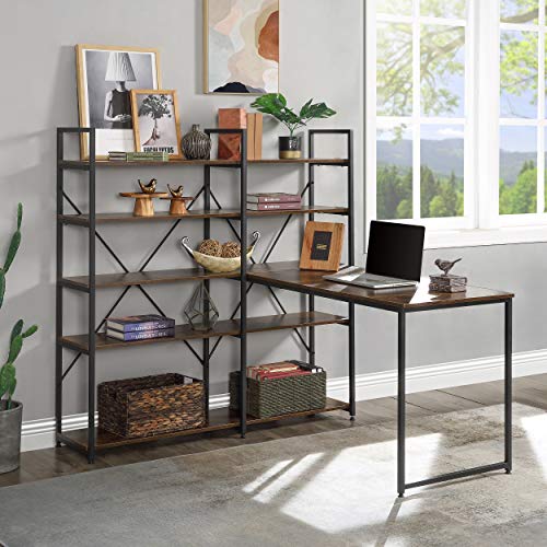 Merax 54" Large Computer 5-Tier Shelves, Office Study Table with Bookcase, Writing Hutch Desk, Brown