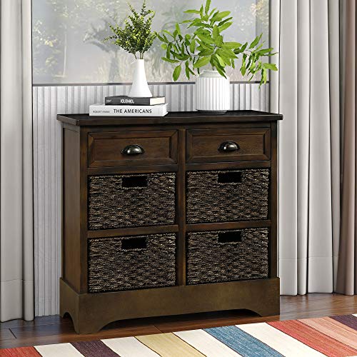 TREXM Rustic Storage Cabinet with Two Drawers and Four Classic Fabric Basket for Kitchen/Dining Room/Entryway/Living Room, Accent Furniture (Dark Brown)