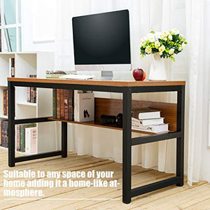 TOPSKY 55" Computer Desk with Bookshelf/Metal Desk Grommet Hole Wire Cover Rustic Brown