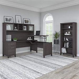 Bush Furniture UrbanPro Sit to Stand L Desk Set with Bookcase in Storm Gray - Engineered Wood