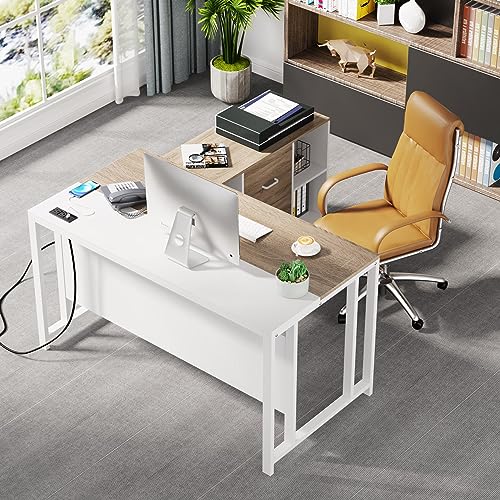 TRIBESIGNS WAY TO ORIGIN L-Shaped Computer Desk with Power Outlet and Drawer Cabinet, 55 inch Executive Office Desk with File Cabinet and Printer Stand, White