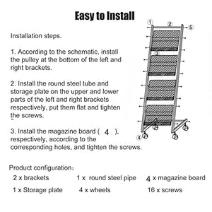 JacCos Rolling Literature Magazine Rack Organizer with Wheels - Silver Floor-Standing Commercial Storage Shelf