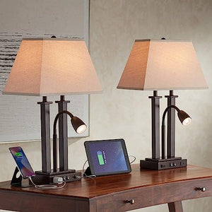 Possini Euro Design Deacon 26" High Industrial Modern Desk Lamps Set of 2 - Brown Bronze Finish Metal Oatmeal Shade - USB Port AC Power Outlet - Gooseneck - Home Office Living Room Charging