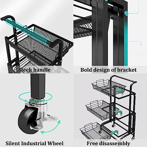 WHHSJD Narrow Storage Drawer Cart, 3-Tier Metal Rolling Cart with Lock Wheels - Black