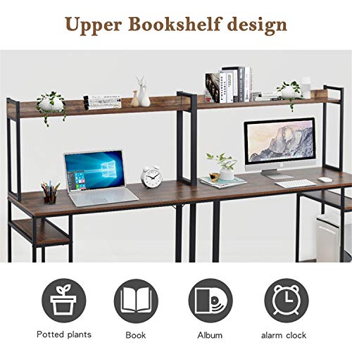 Large Home Office Desk Double Workstation Desk, Extra Long Two Person Computer Desk with Storage Shelves and Hutch,Spacious Tabletop, Multifunction Writing Study Table for Two Person (Brown)