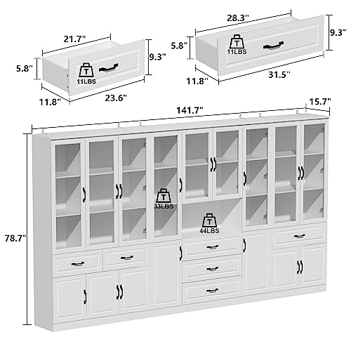Hitow Tall Bookshelf with Glass Doors & Drawers, 2-Piece Large Storage Cabinet Set - White (141.7" W x 15.7" D x 78.9" H)