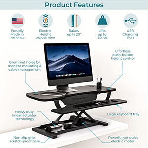 VERSADESK Electric Height Adjustable Standing Desk Converter, 40 Inch PowerPro with Keyboard Tray, USB Charging Outlet, 80 lbs Capacity, Button Switch - Black