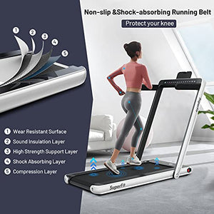 GYMAX Under Desk Treadmill, Folding 2 in 1 Electric Running Walking Machine with Smart App Control, Remote, Bluetooth Speaker & Dual LED Screen Monitor, Portable for Home Gym Small Apartment (Pearl)