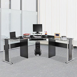 HOMCOM 69" Modern L-Shaped Tempered Glass Office Computer Desk with Elevated Monitor Stand, Rolling CPU Holder, Pull Out Keyboard Tray and Steel Frame, Black