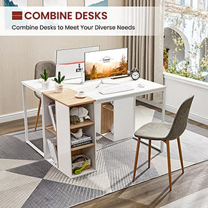 Computer Desk with Storage Shelves 47” White Office Desk with Drawers Small Kids Writing Desk Student Study Table Modern Wood Pc Laptop Gaming Desk for Home Work, Splicing Oak with Metal Legs