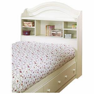 White Wash 39'' Twin Size Bookcase Headboard, Country Style, 5 Storage Spaces, Made from Laminated Particle Board, Rounded Shape, Bundle with Our Expert Guide with Tips for Home Arrangement